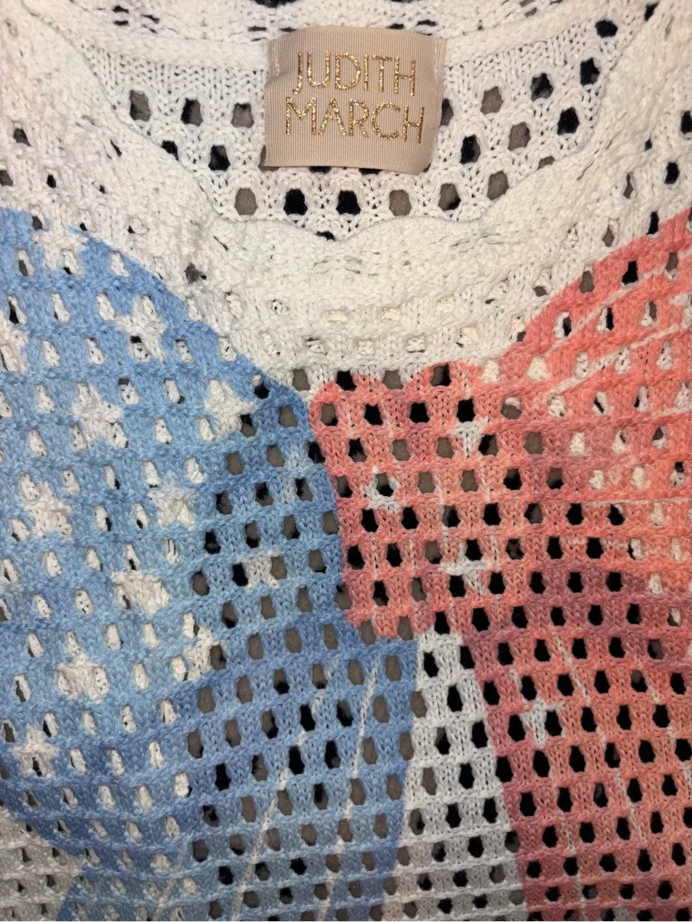Judith March White Crochet Tank with Red and Blue Bow Accents